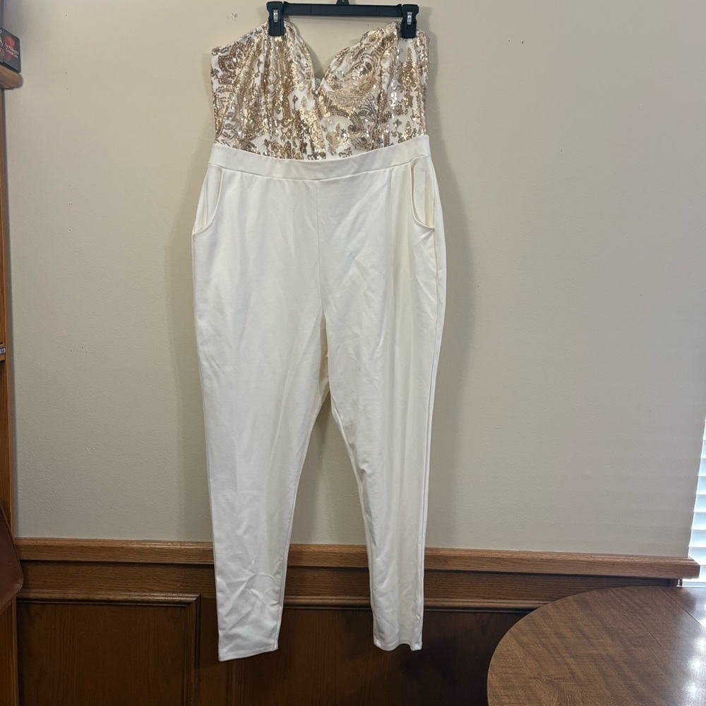 Curvy Sense white Jumpsuit women’s 3X gold sequis strapless high rise